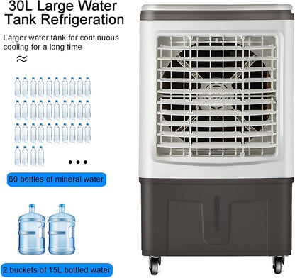  Refroidisseur D'air Portable 30 L Avec 3 Modes De Fonctionnement Et 3 Vitesses De Ventilation, Rafraîchisseur D'air évaporatif 3 En 1, Léger Et Silencieux, Idéal Pour La Maison, Le Bureau Et L'extér