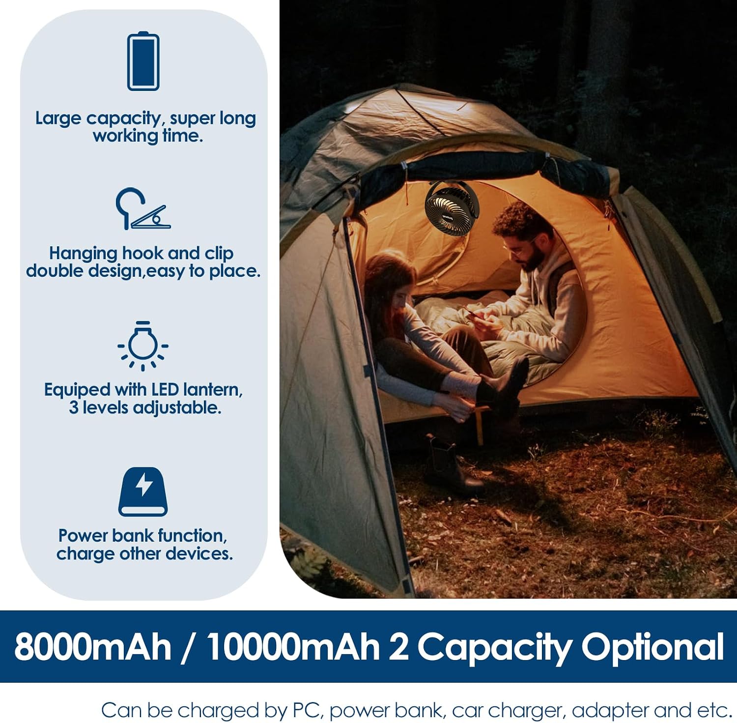  Simpeak 10000mAh Ventilateur USB Avec Télécommande Mini Ventilateur Portable De Camping Ventilateur De Table Pince Avec 3 Vitesses| 3 Modes De Lumière LED| Rotation à 720°
