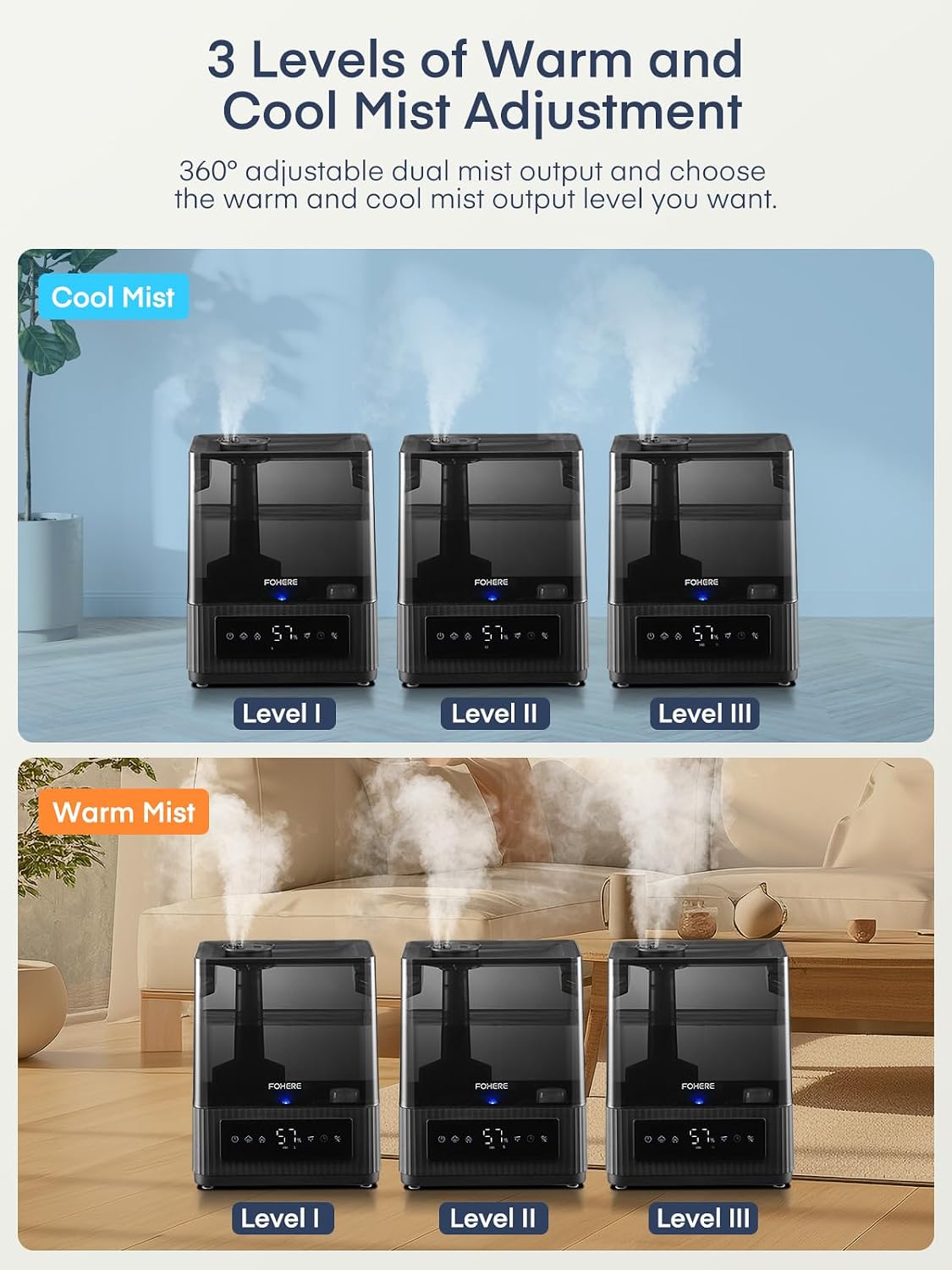 FOHERE 6L Humidificateur à Brume Froide Et Chaude De Pour La Maison, Humidificateur Ultrasonique Avec Remplissage Par Le Haut Pour Les Bébés, Les Enfants, Diffuseur D'huile, Mode Sommeil, Minuterie