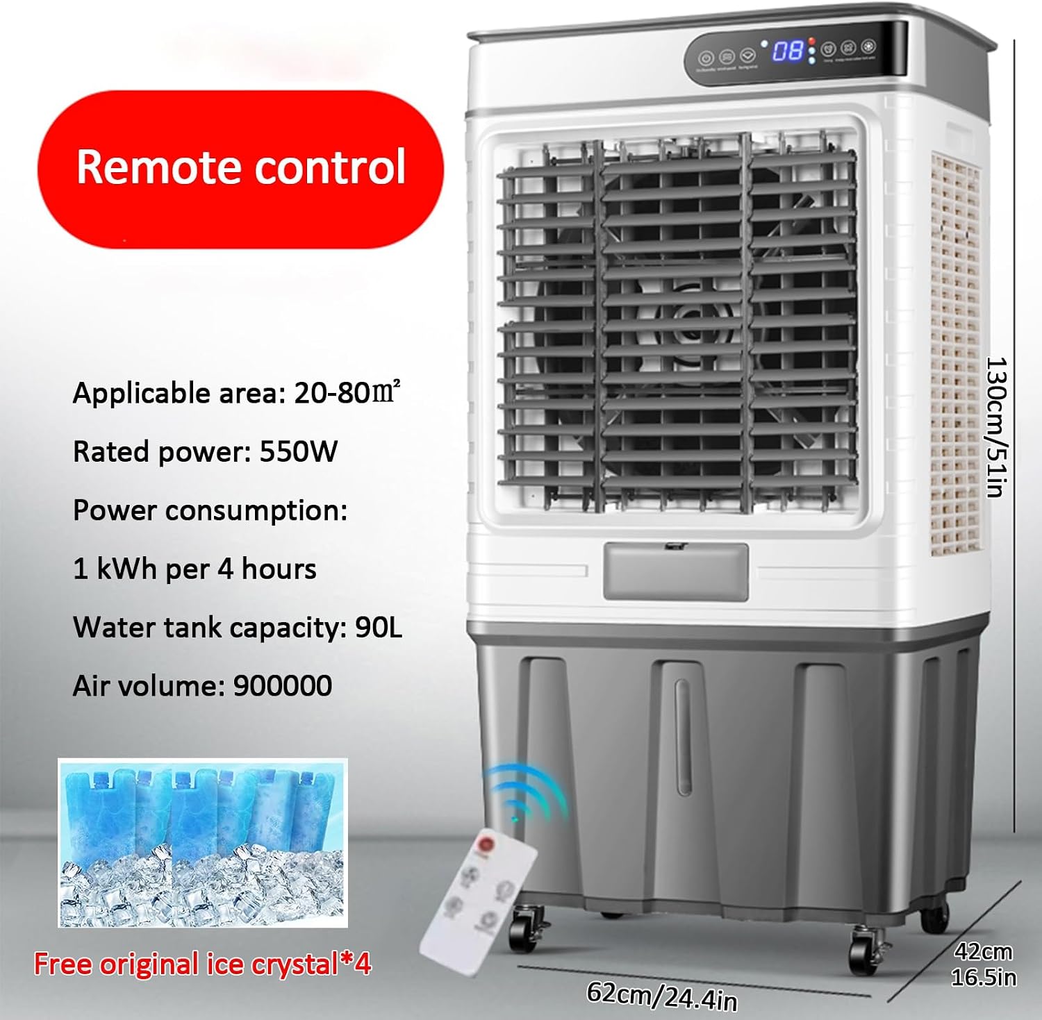  Refroidisseur D'air Par évaporation De 130 Cm (51 Po), Débit De 3900 Pi³/min, Réservoir De 75 Litres (19,8 Gal) Et 4 Compartiments à Glace, Télécommande, Minuterie De 12 H, Oscillation, Ventilateur
