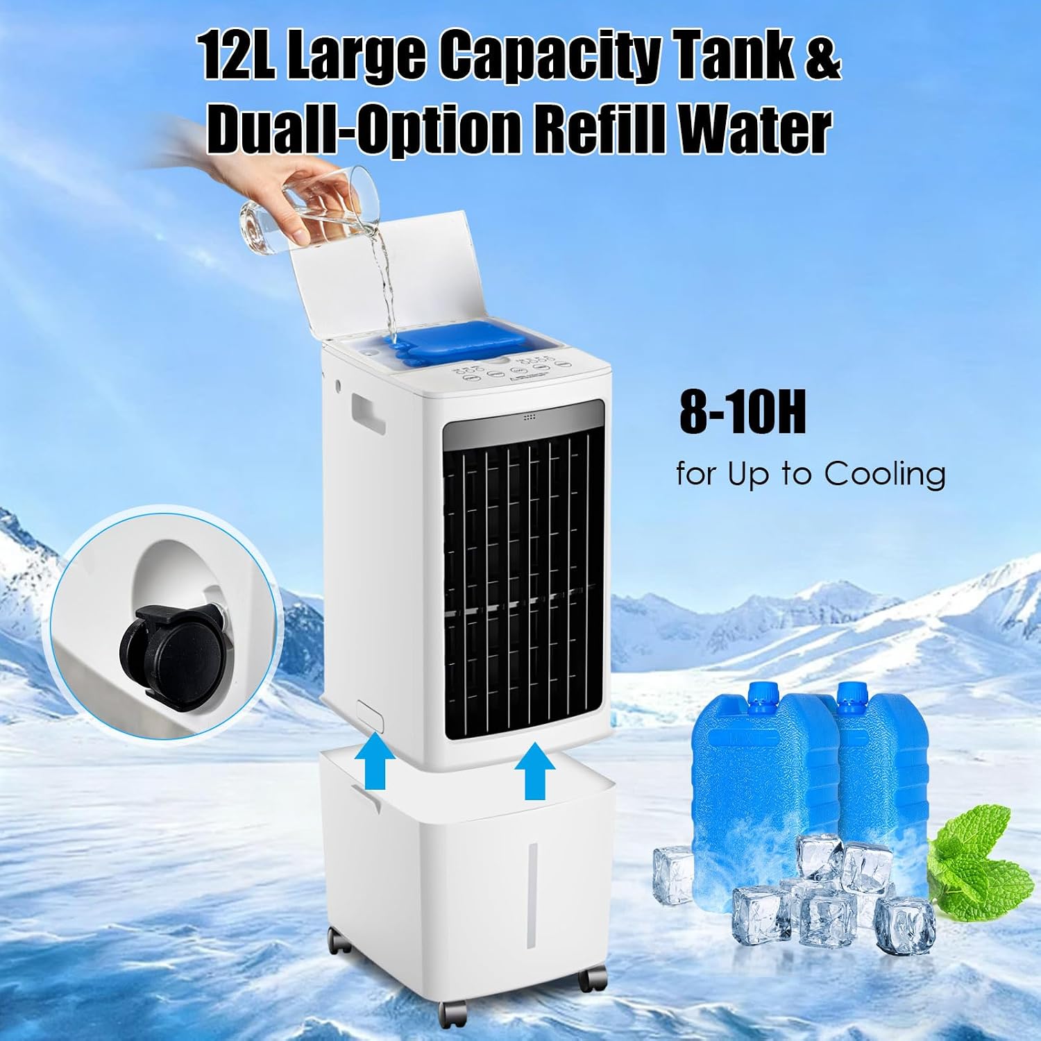  Climatiseur Portable, 12L, 3 IN 1 Ventilateur De Refroidisseur D'air évaporatif Avec écran à Distance Et LED, 3 Vitesses, 4 Modes, Réservoir, 2Ice Packs, 7.5H Minuterie Pour Le Bureau De Chambre à Dom