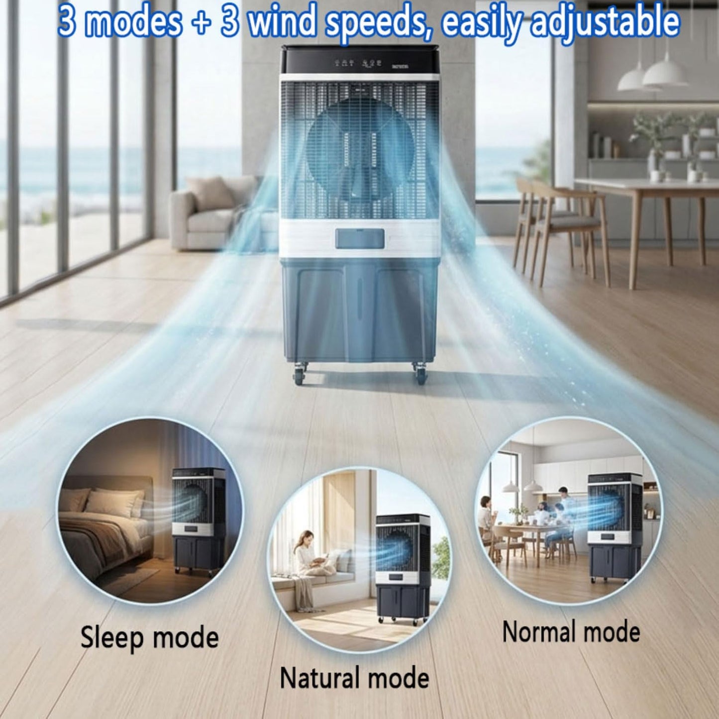  Climatiseur Mobile Silencieux Portable Rafraîchisseur D'air Avec Oscillation 120°65W Minuterie 6H 3 Modes 3 Vitesses Et 4 Packs De Glace Ventilateur Refroidisseur D'air Pour Chambre Bureau