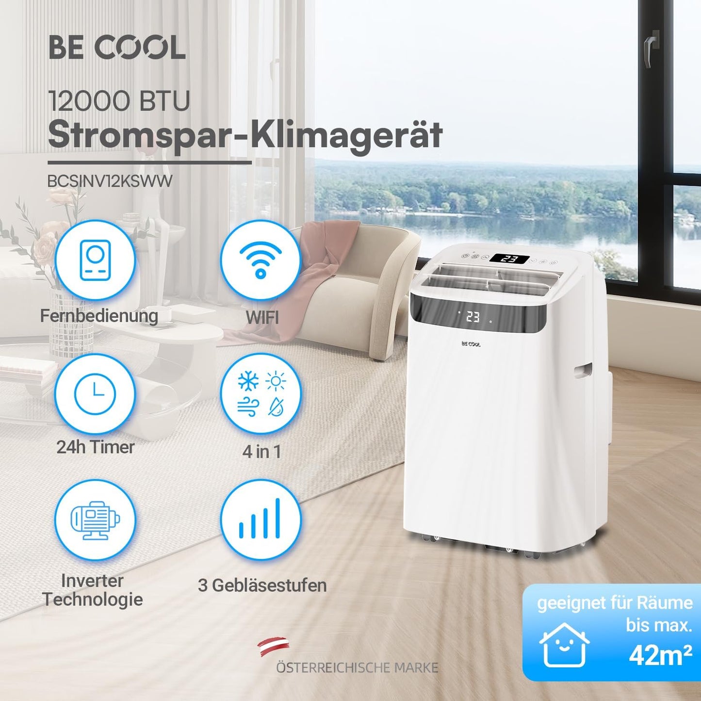  BE COOL Climatiseur Mobile 12000 BTU Avec Chauffage Et Wi-Fi, Silencieux Grâce à L'onduleur, Climatiseur Mobile 4 En 1 Avec Déshumidificateur Et Ventilateur, Pour Pièces Jusqu'à 42 M², Blanc
