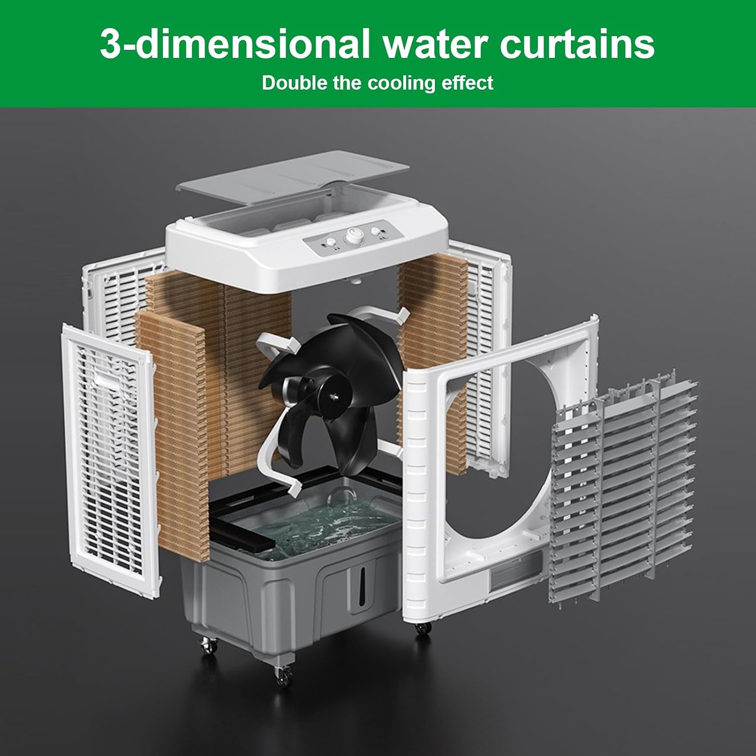  Climatiseur évaporatif Portable Avec Réservoir D'eau De 55 Litres, Oscillation à 120° Et 3 Vitesses Pour Rafraîchir Une Pièce, Une Terrasse Ou Un Garage.