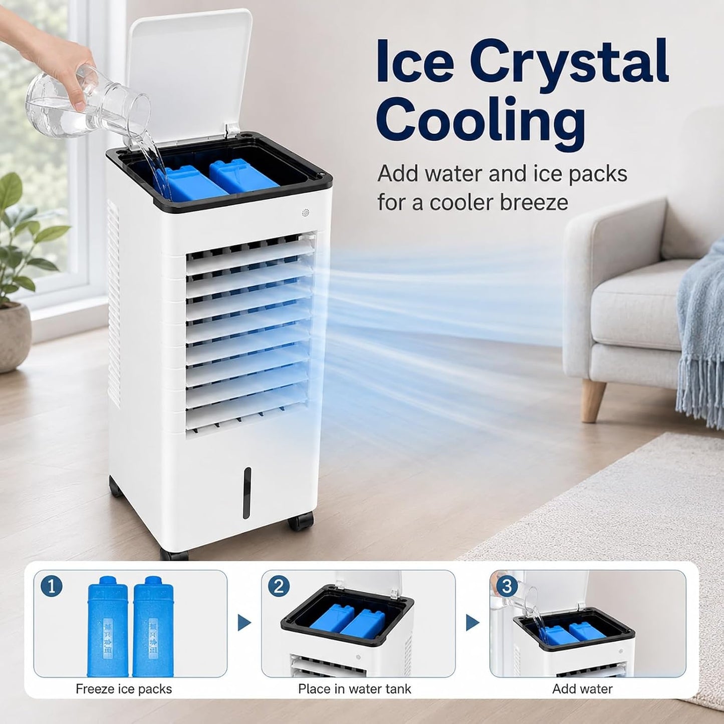 Rafraîchisseur D'Air, Climatiseur évaporatif, Remplissage D'Eau Par Le Haut, Pour Chambre, Salon, Refroidissement Intérieur