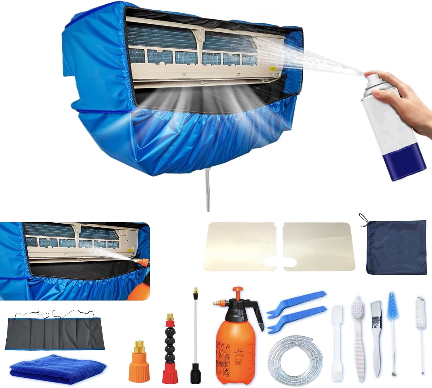  Kit De Nettoyage Pour Climatiseur Split(Panneaux Latéraux Améliorés), Avec Un Espace Supplémentaire Sac De Nettoyage Pour Climatiseur Split(Bleu Foncé, Grand, 18 Pièces)