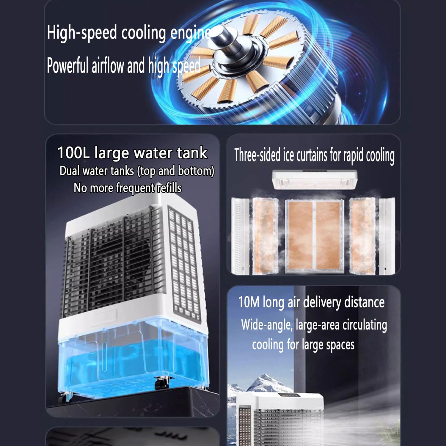 GENERIC Climatiseur Portable De Refroidisseur D'air évaporatif Avec 3 Vitesses 90°Oscillation 2 Ice Packs 100L Refroidisseur De Réservoir D'eau Portable Climatiseur Énergie-Sauvé Échange Ventilateur De Refroi