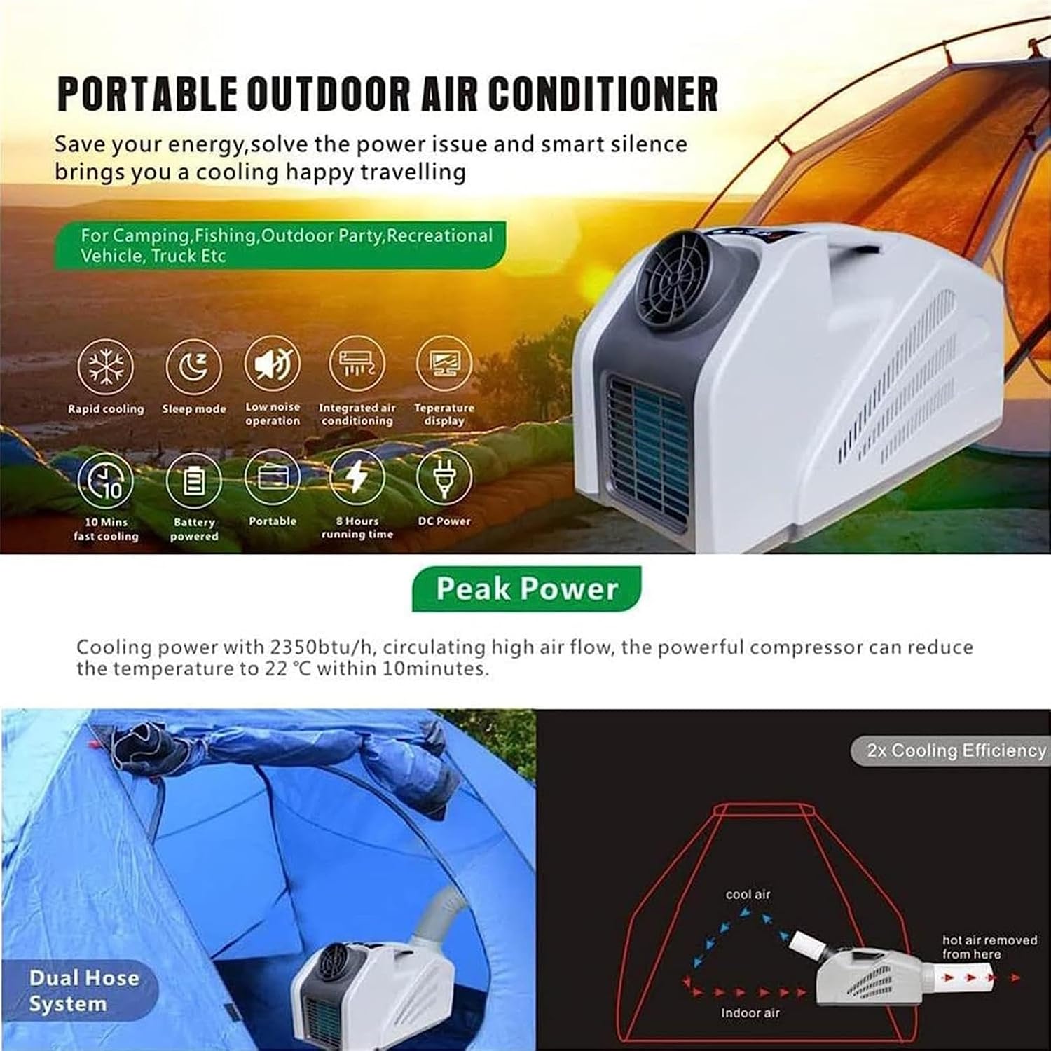 GENERIC Climatiseur Mobile Portable, Refroidisseur D'air Extérieur Pour Camping-car Avec 3 Vitesses De Vent, Faible Consommation D'énergie Pour Tente Et Camion