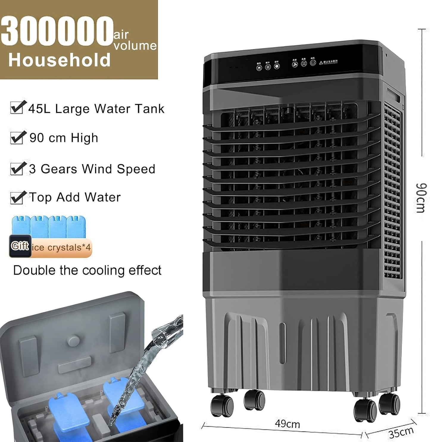  Refroidisseur D’air Évaporatif Portable, 40–50L Refroidissement Par Eau Avec Télécommande, Swamp Cooler 3 Vitesses, Minuterie 12H, Oscillation 120° Pour Garage Et Pièce(80x49x35cm)