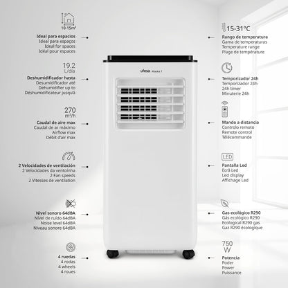  Ufesa Climatiseur Portable A7 3en1, Refroidissement, Ventilation Et Déshumidification, 7000 BTU/jour, Silencieux, Affichage LED, Minuterie 24h, Jusqu'à 12m², Gaz R290, Télécommande