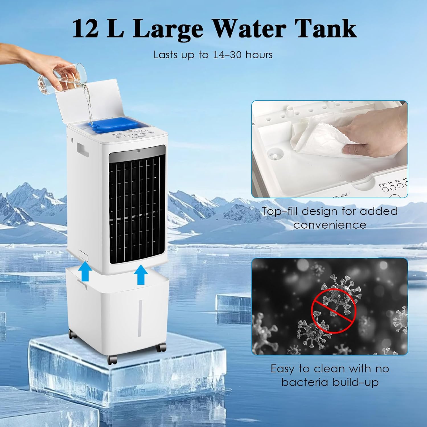  Rafraîchisseur D'Air 12L 4-en-1 Climatiseur Mobile, Humidificateur Purificateur Avec Télécommande Et 2 Packs De Glace, Écran Tactile