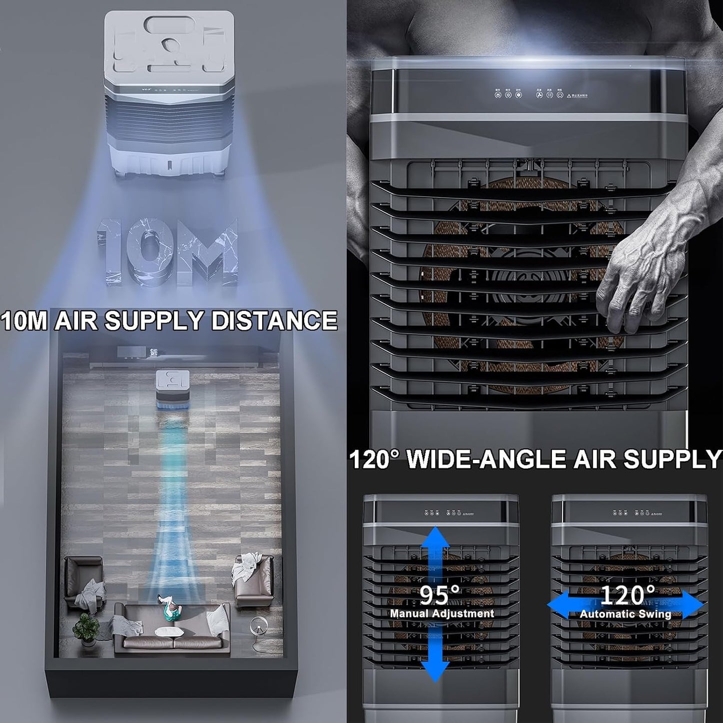  Refroidisseur D’air Évaporatif Portable, 40–50L Refroidissement Par Eau Avec Télécommande, Swamp Cooler 3 Vitesses, Minuterie 12H, Oscillation 120° Pour Garage Et Pièce(80x49x35cm)