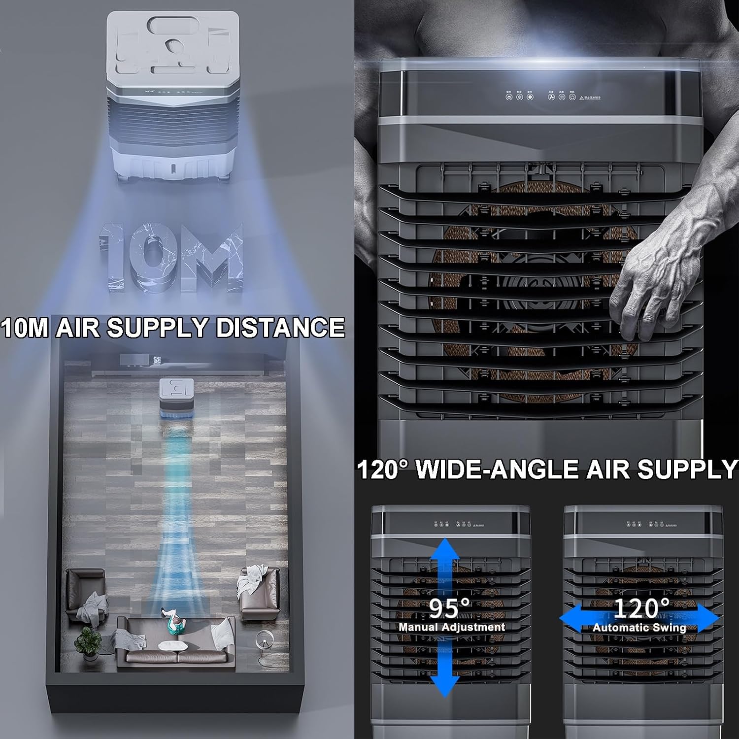  Refroidisseur D’air Évaporatif Portable, 40–50L Refroidissement Par Eau Avec Télécommande, Swamp Cooler 3 Vitesses, Minuterie 12H, Oscillation 120° Pour Garage Et Pièce(80x49x35cm)