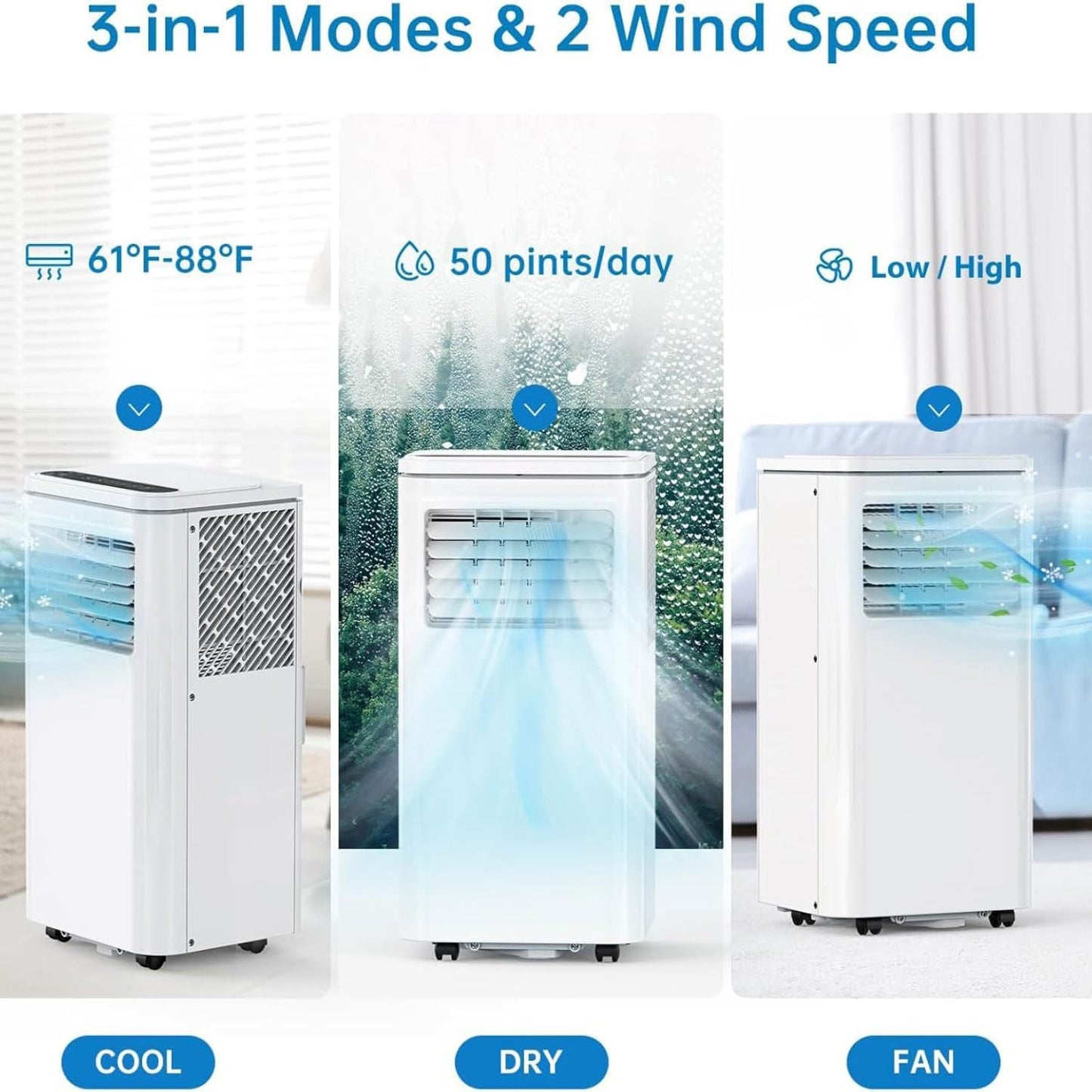  Climatiseur Portable, Unité Intelligente Intelligente AC Avec Déshumidificateur Cool Et Modes De Ventilateur Pour Les Chambres Jusqu'à 350 Sq.ft, Télécommande, Minuterie 24H, Kit D'installation