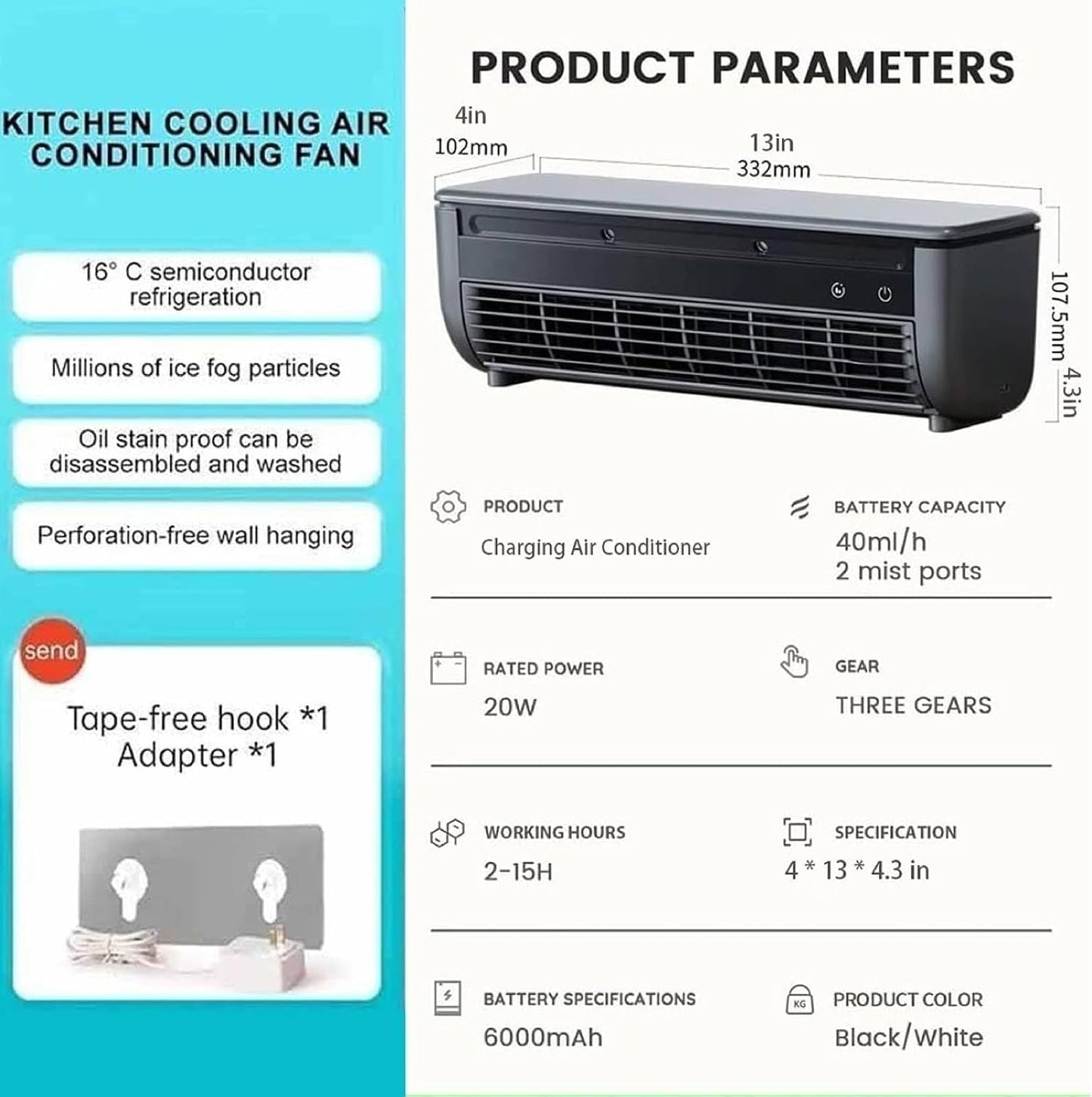 GENERIC Climatiseur Mural Portable à Charge Sans Fil Sans Perçage Pour Cuisine, Chambre à Coucher, Bureau, Refroidissement Instantané 10 Secondes Et 3 Vitesses (blanc)