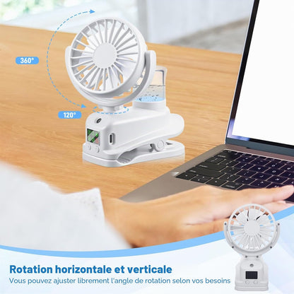  JIZZU Ventilateur à Pince, Mini Ventilateur Rechargeable Par USB Avec Spray Humidificateur, à 4 Vitesses Avec Clip, Affichage LED, Small Table Fan Pour Bureau, Maison, Camping - Blanc