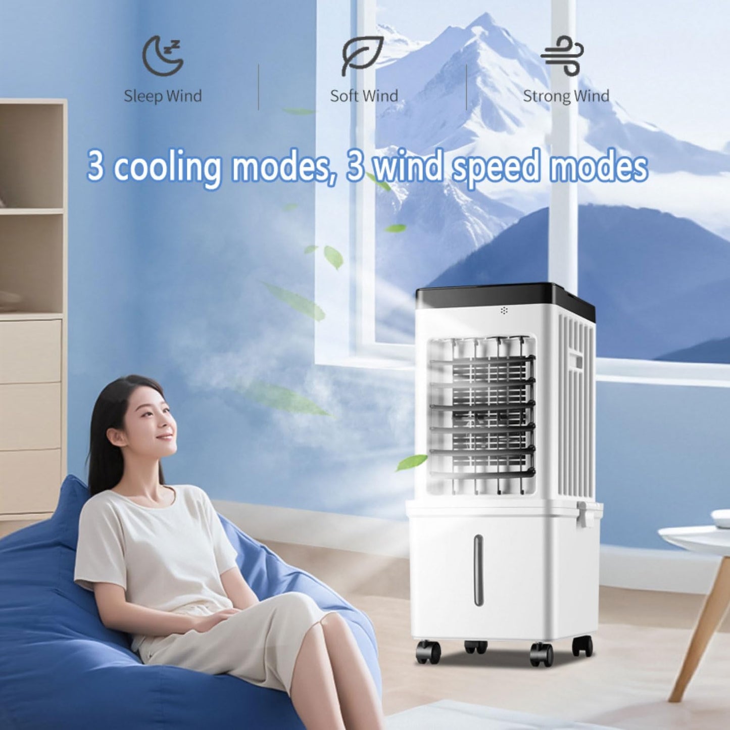 GENERIC Refroidisseur D'air évaporatif 75W Climatiseur Mobile Oscillation 90° 4 Packs Glace Télécommande 3 Modes & Vitesses Minuterie 7.5H Ventilateur à Roulettes Pour Maison Bureau