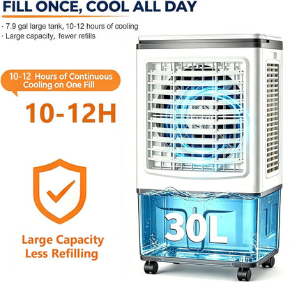 GENERIC Refroidisseur D'air Et Ventilateur 3 En 1, Réservoir De 30 L, Débit D'air De 1 758 CFM, Oscillation à 120°, Roues Lisses à 360°, 3 Vitesses De Ventilateur, For Chambre, Terrasse Et Appartement