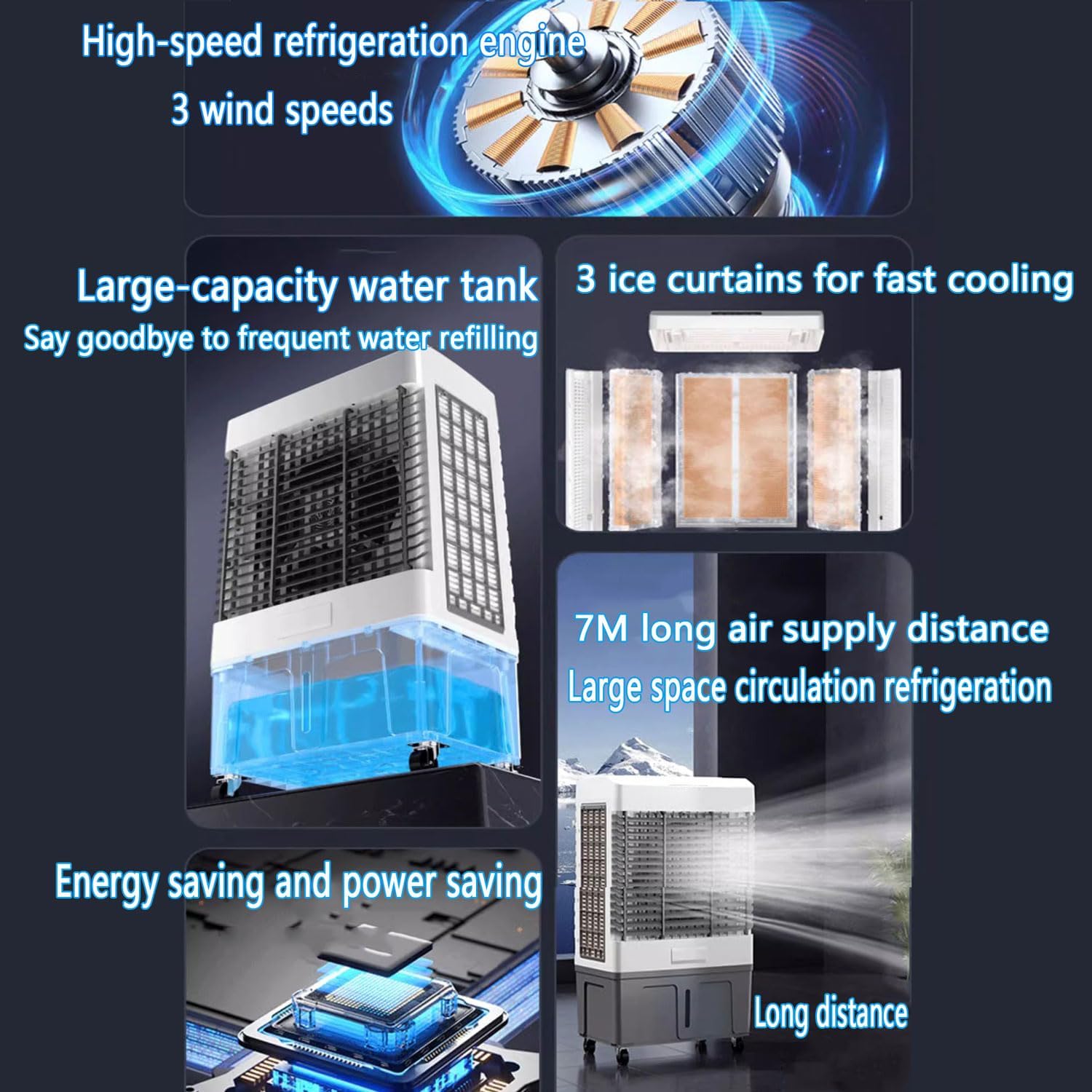 GENERIC Refroidisseur D'air Par évaporation Avec Réservoir D'eau, Climatiseur Portable, 3 Vitesses, Minuterie 12h, Poche De Glace, Oscillation à 120°, Idéal Pour Garage Et Usage Commercial