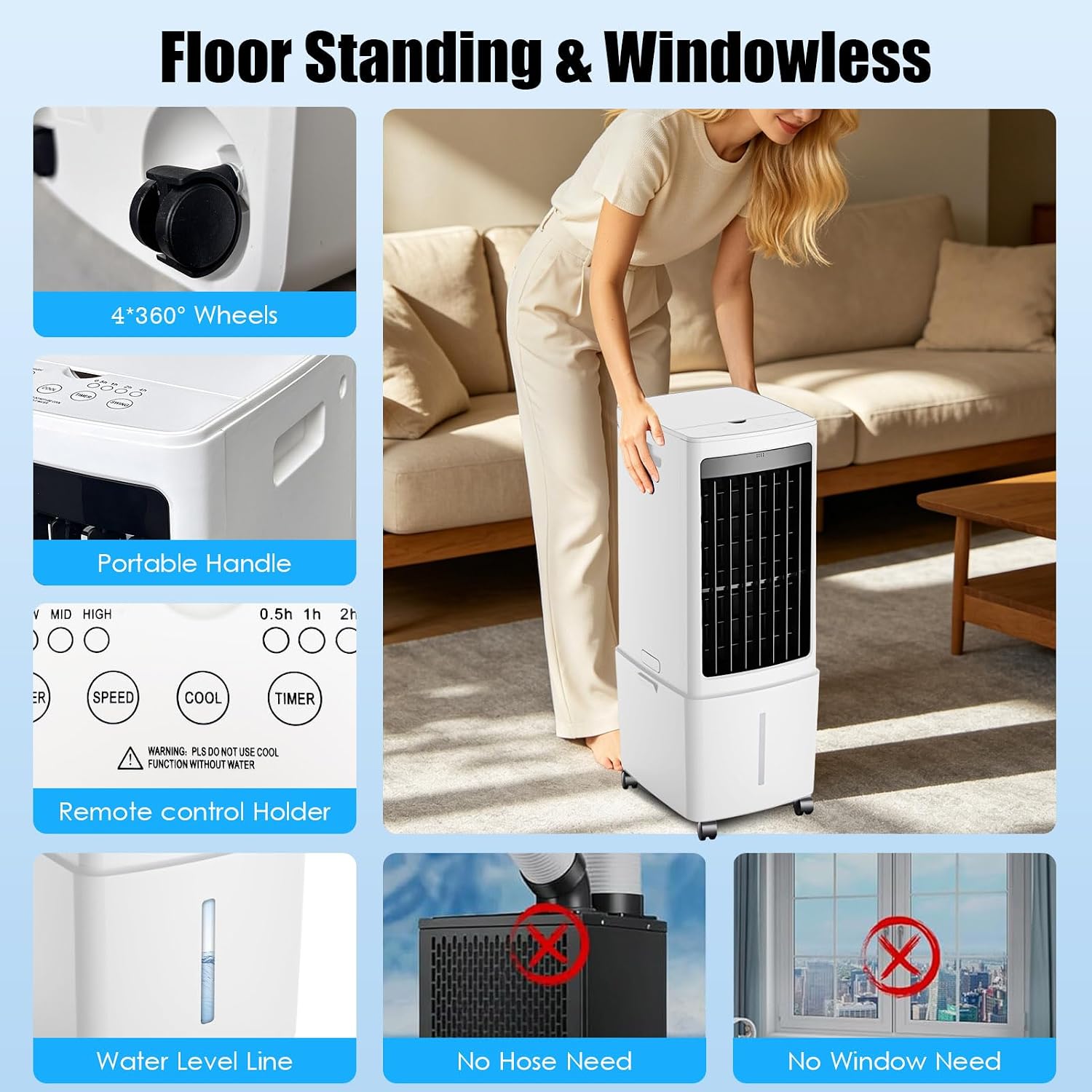  Climatiseur Portable, 12L, 3 IN 1 Ventilateur De Refroidisseur D'air évaporatif Avec écran à Distance Et LED, 3 Vitesses, 4 Modes, Réservoir, 2Ice Packs, 7.5H Minuterie Pour Le Bureau De Chambre à Dom