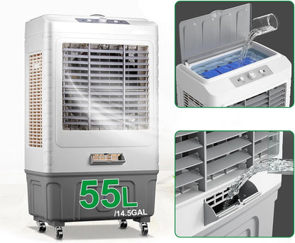 Climatiseur évaporatif Portable Avec Réservoir D'eau De 55 Litres, Oscillation à 120° Et 3 Vitesses Pour Rafraîchir Une Pièce, Une Terrasse Ou Un Garage.