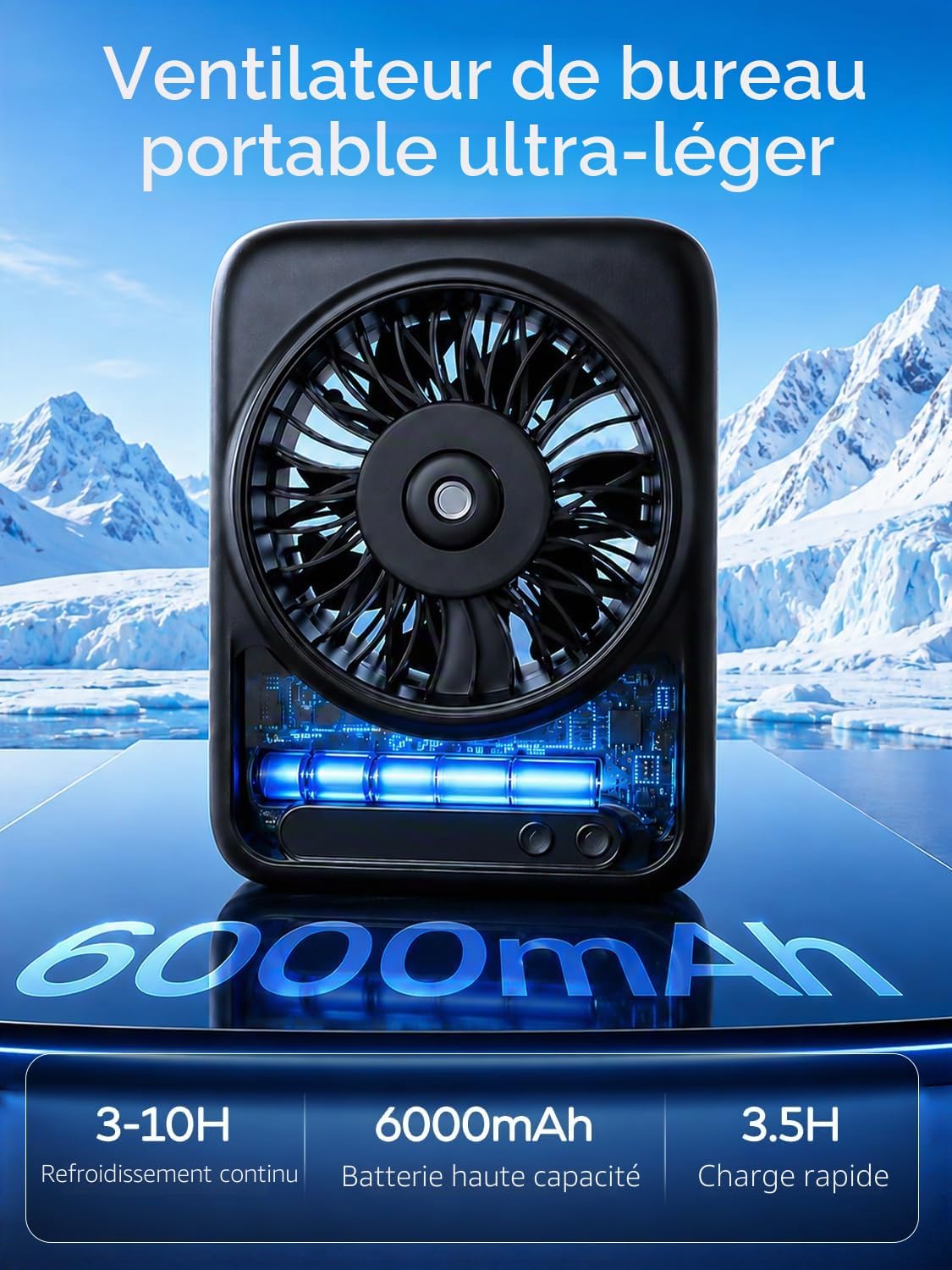  Kssvzz Ventilateur Brumisateur De Table - 6000mAh Ventilateurs Bureau Portable Avec 5 Vitesses, Ecran LED & Réglable à 120°, Petit Table Fan USB Rechargeable Pour Chambre Bureau Extérieur (Noir)
