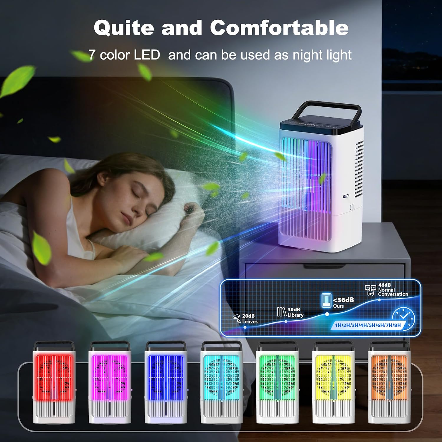  Climatiseur Portable 4 En 1, Refroidisseur D'air Portable 1200 Ml, 4 Vitesses, 2 Brumisations, 7 Couleurs LED, Minuterie 1-8H, Refroidisseur D'air Pour Camping, Bureau (blanc)