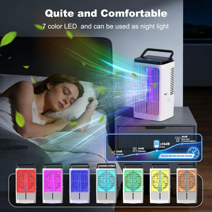  Climatiseur Portable 4 En 1, Refroidisseur D'air Portable 1200 Ml, 4 Vitesses, 2 Brumisations, 7 Couleurs LED, Minuterie 1-8H, Refroidisseur D'air Pour Camping, Bureau (blanc)
