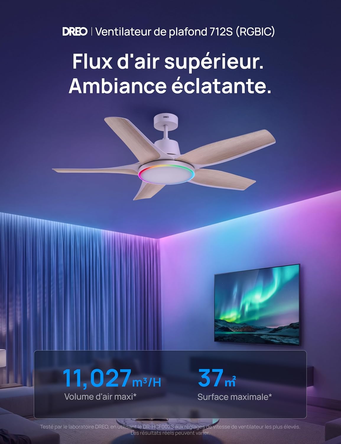  DREO Ventilateur De Plafond Intelligent à Profil Bas Avec Lumière 132 Cm, LED Dimmable à Température De Couleur Réglable, éclairage D’ambiance RGB, Moteur CC Silencieux, Installation Facile, Blanc，APP
