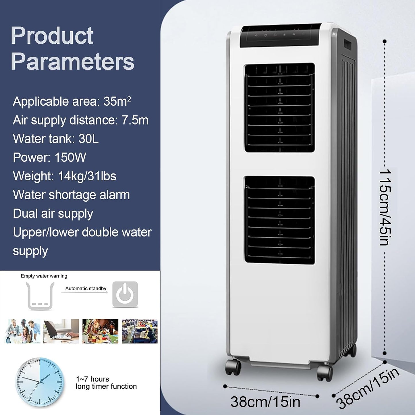 GENERIC Climatiseur Portable Industriel, Refroidisseur D'air Mobile, Réservoir D'eau De 30 L, 4 Roues, Ventilateur De Refroidissement Et Déshumidificateur 3 En 1 Pour La Maison Et Le Bureau, Unité D