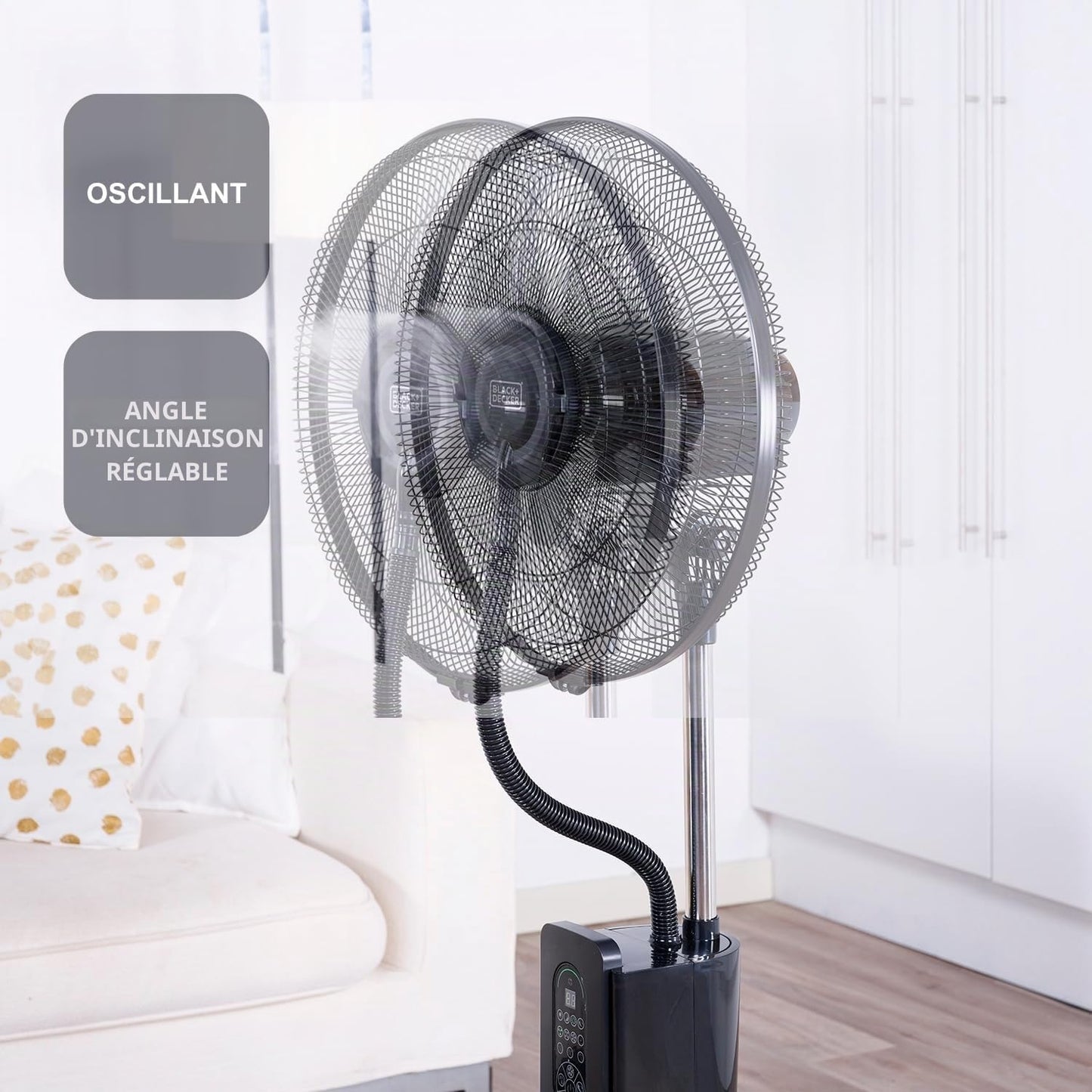 Black & Decker BLACK+DECKER - Ventilateur Sur Pied BXMF75E + 75W | 3 Vitesses | Écran Digital | Oscillant | Télécommande | Brumisateur