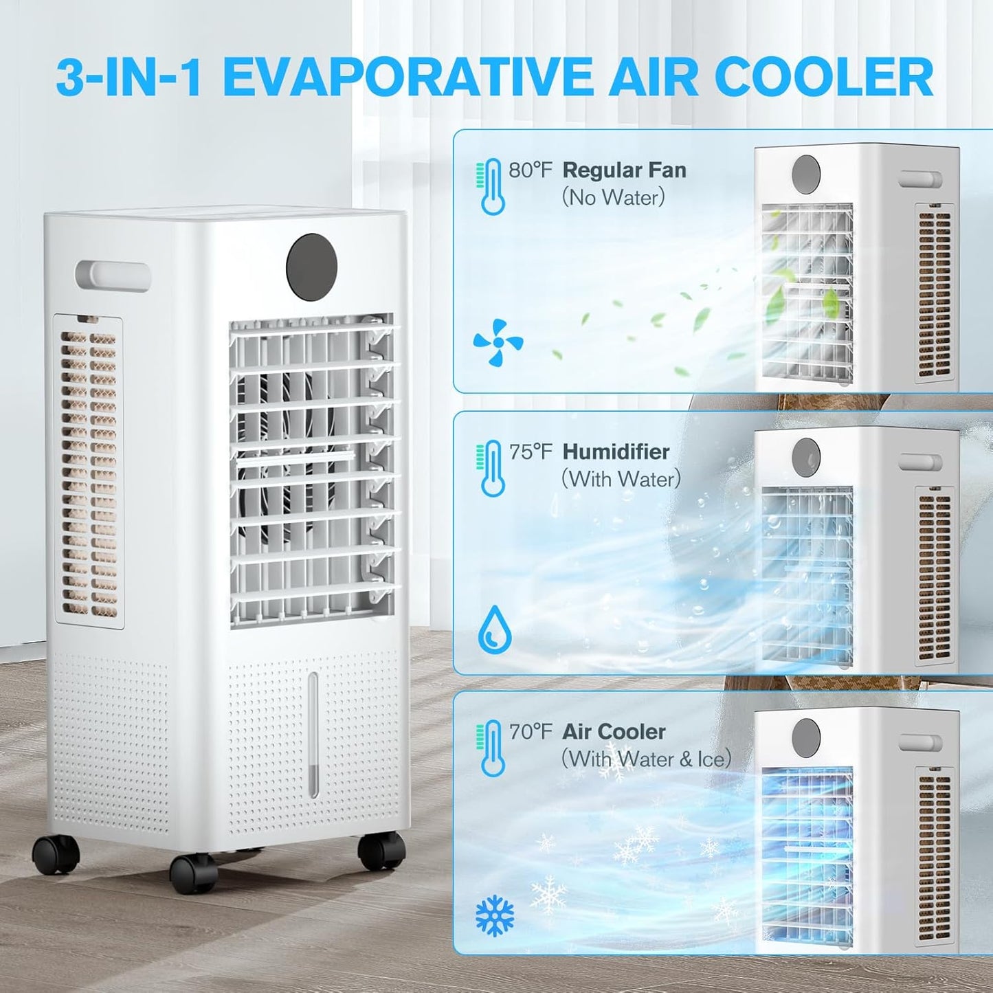  Climatiseur Portable Sans Fenêtre, Refroidisseur De Marais 3 En 1 Sans Canaux Avec Télécommande, Minuterie De 12 Heures Et Réservoir De 1 Gallon, 3 Modes, 2 Vitesses, Refroidisseur D'air