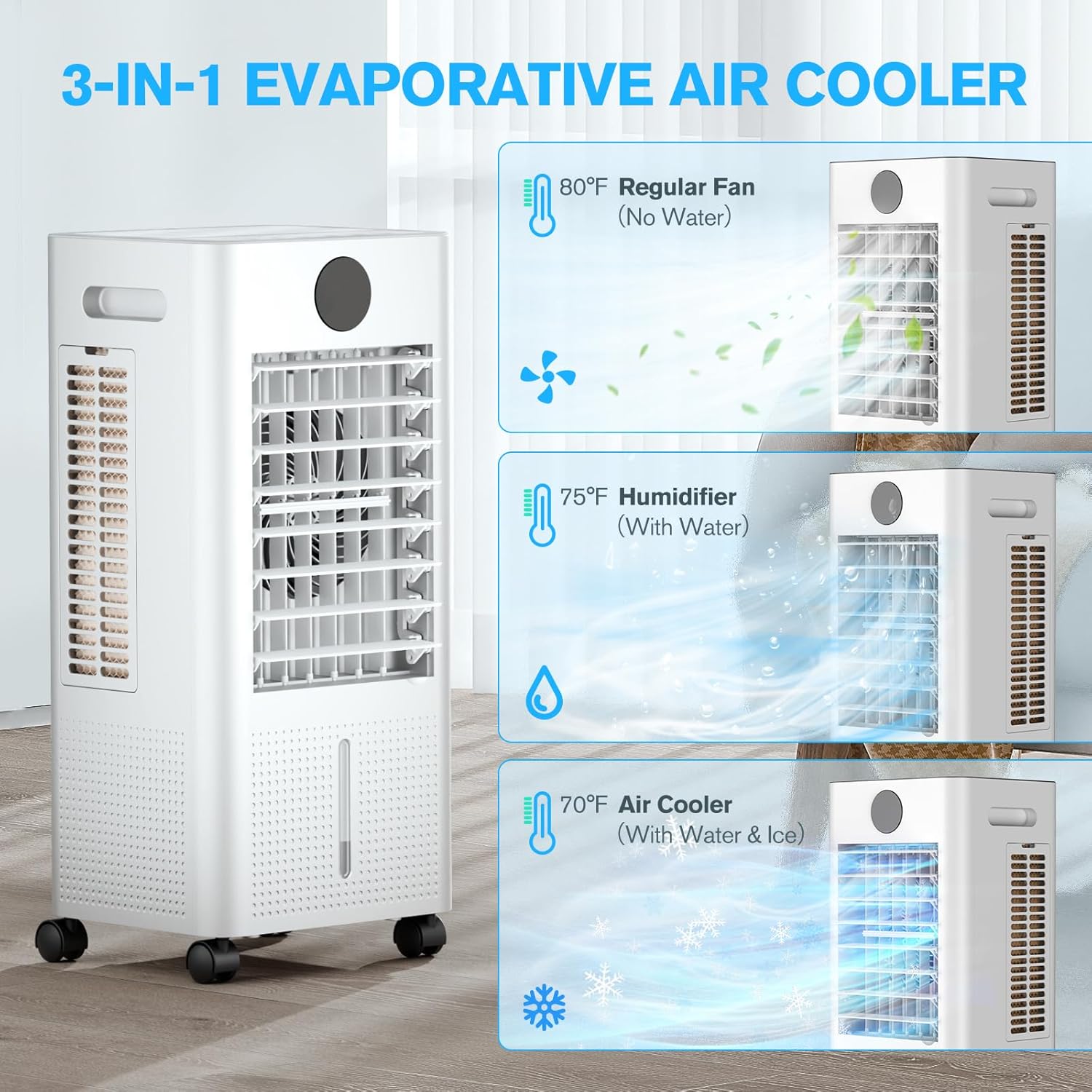  Climatiseur Portable Sans Fenêtre, Refroidisseur De Marais 3 En 1 Sans Canaux Avec Télécommande, Minuterie De 12 Heures Et Réservoir De 1 Gallon, 3 Modes, 2 Vitesses, Refroidisseur D'air