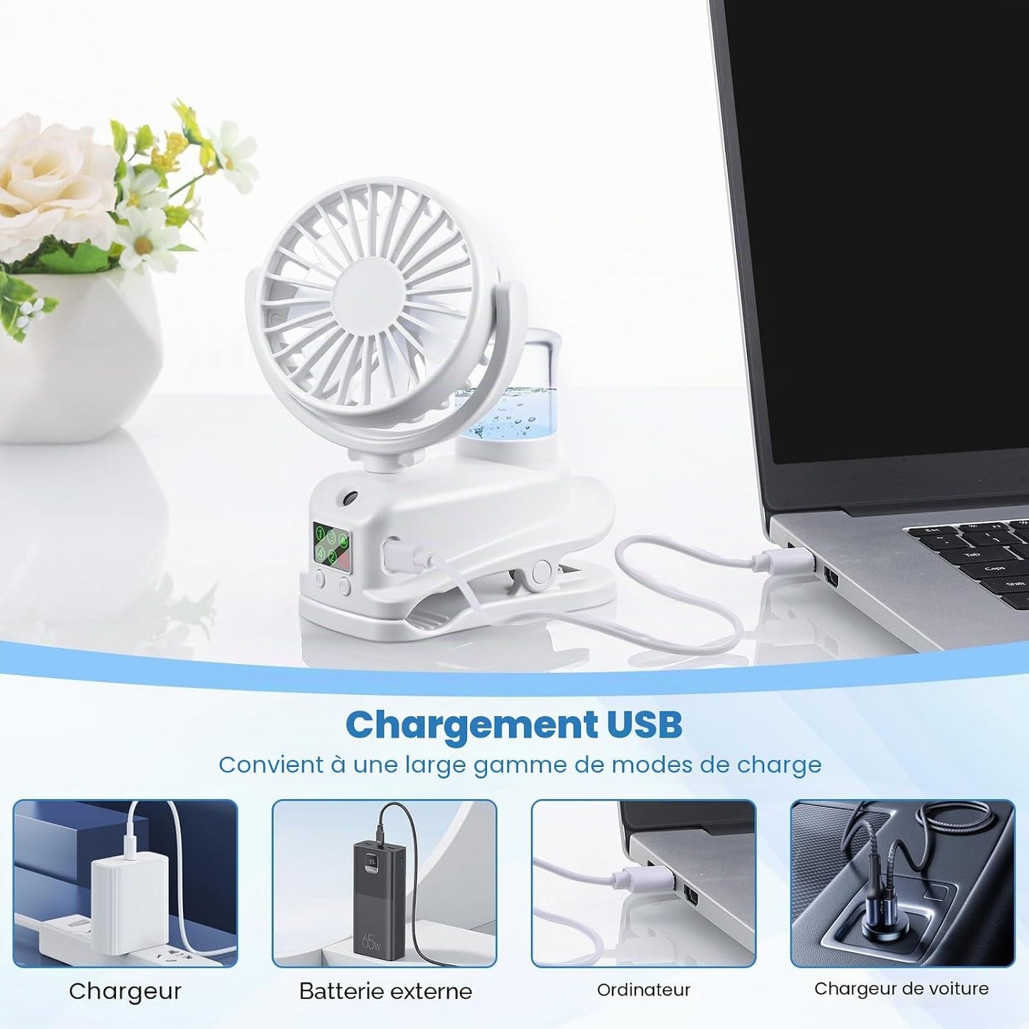  JIZZU Ventilateur à Pince, Mini Ventilateur Rechargeable Par USB Avec Spray Humidificateur, à 4 Vitesses Avec Clip, Affichage LED, Small Table Fan Pour Bureau, Maison, Camping - Blanc