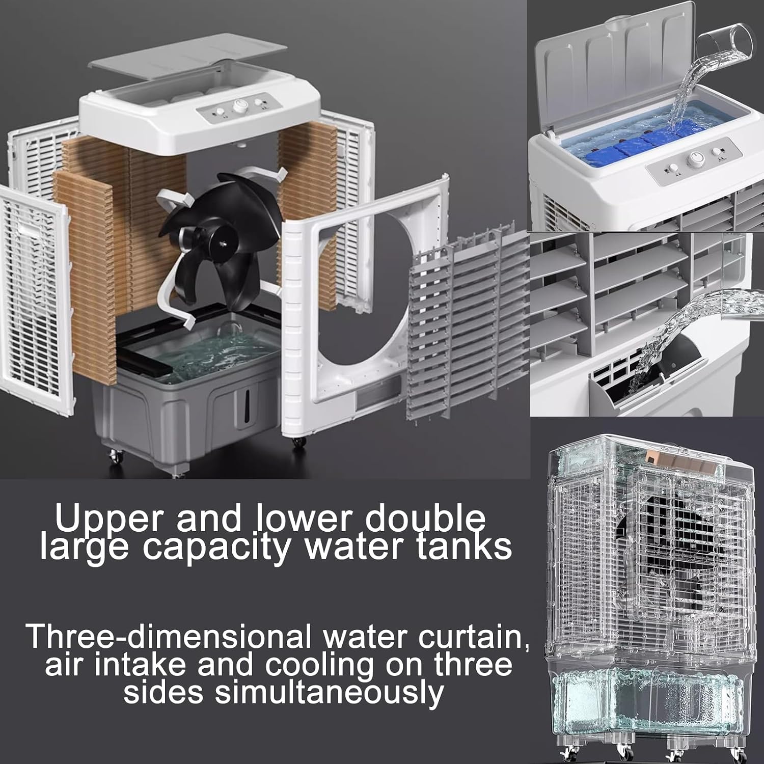  Climatiseur Portable 3 En 1 : Rafraîchisseur D'air Par évaporation, Ventilateur à 3 Vitesses, Réservoir D'eau De 55 L, Idéal Pour Les Chambres, Bureaux, Résidences étudiantes Et L'extérieur.