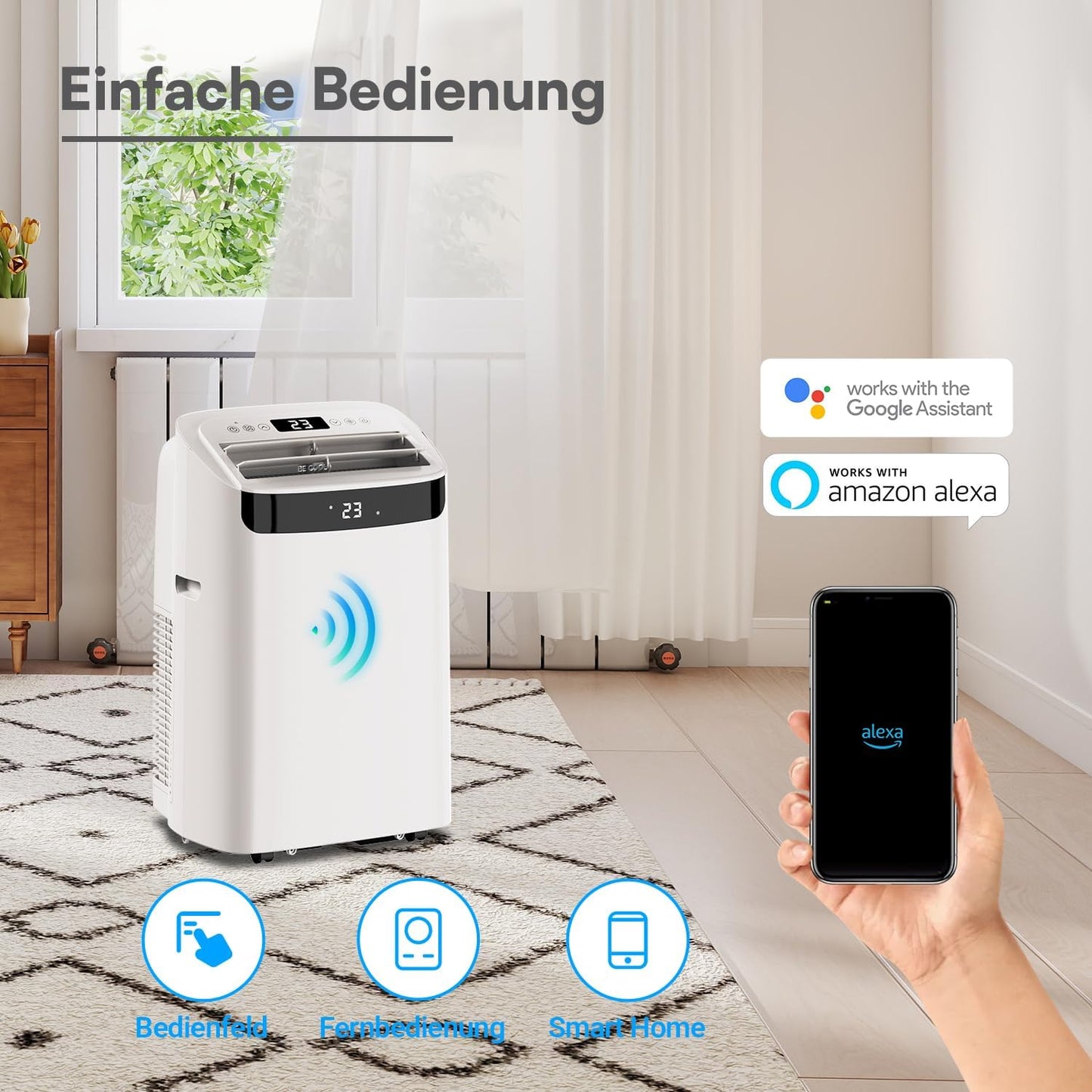  BE COOL Climatiseur Mobile 12000 BTU Avec Chauffage Et Wi-Fi, Silencieux Grâce à L'onduleur, Climatiseur Mobile 4 En 1 Avec Déshumidificateur Et Ventilateur, Pour Pièces Jusqu'à 42 M², Blanc
