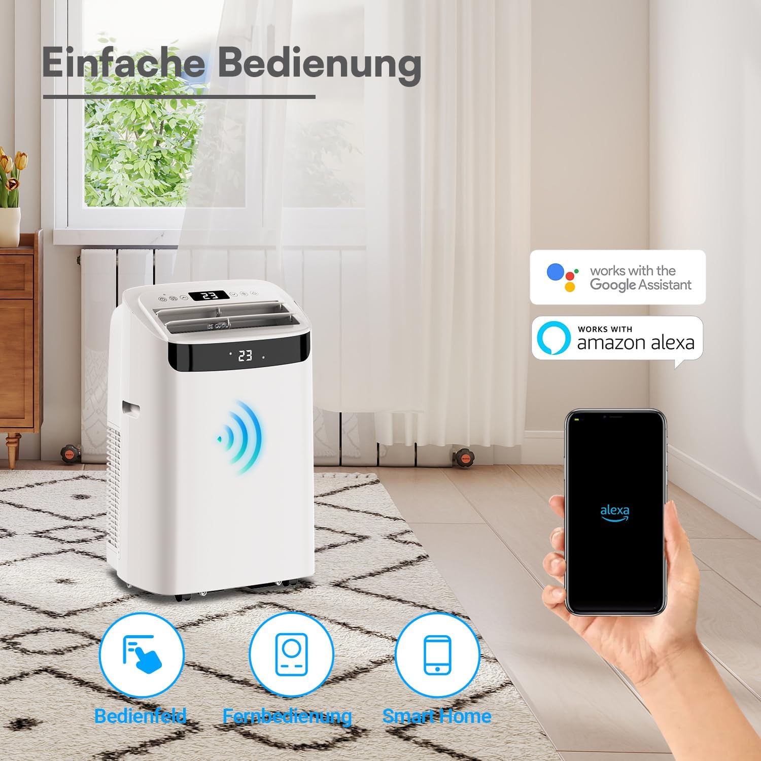  BE COOL Climatiseur Mobile 12000 BTU Avec Chauffage Et Wi-Fi, Silencieux Grâce à L'onduleur, Climatiseur Mobile 4 En 1 Avec Déshumidificateur Et Ventilateur, Pour Pièces Jusqu'à 42 M², Blanc