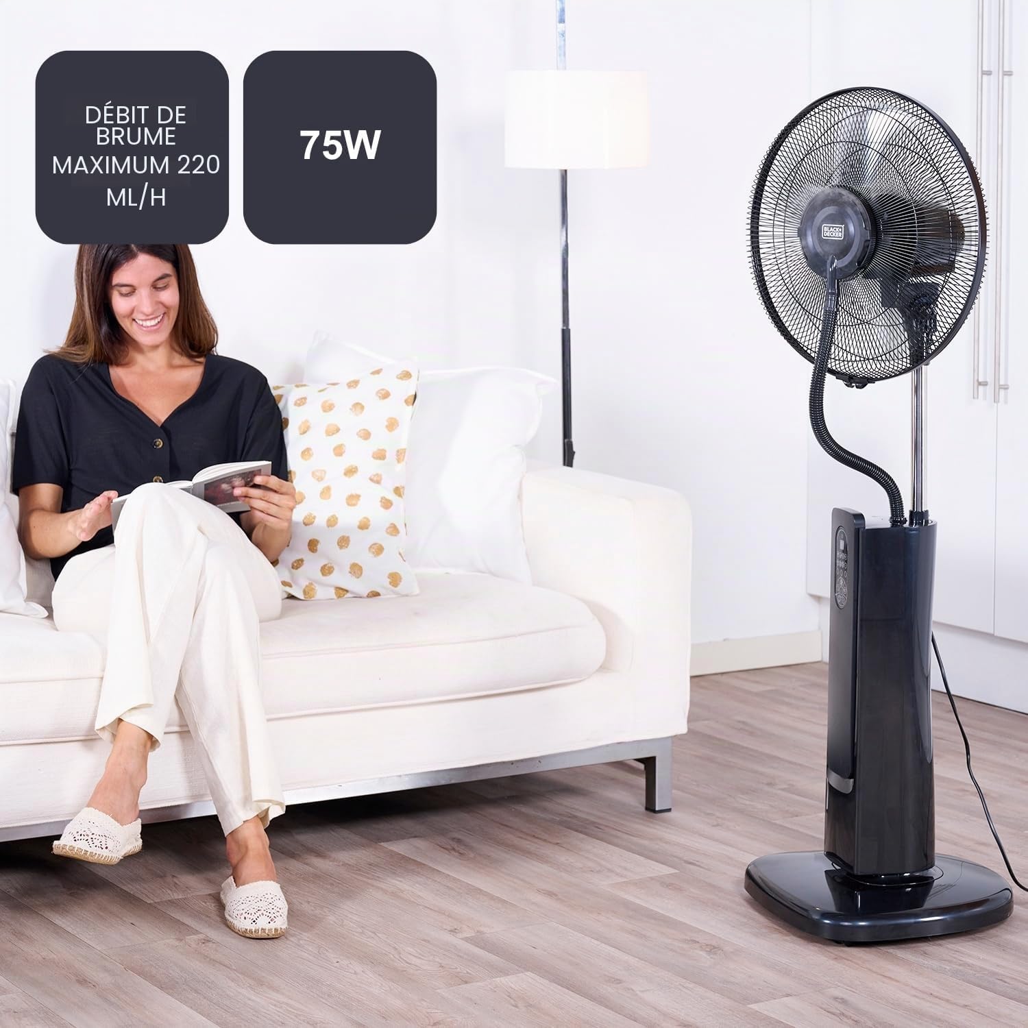 Black & Decker BLACK+DECKER - Ventilateur Sur Pied BXMF75E + 75W | 3 Vitesses | Écran Digital | Oscillant | Télécommande | Brumisateur