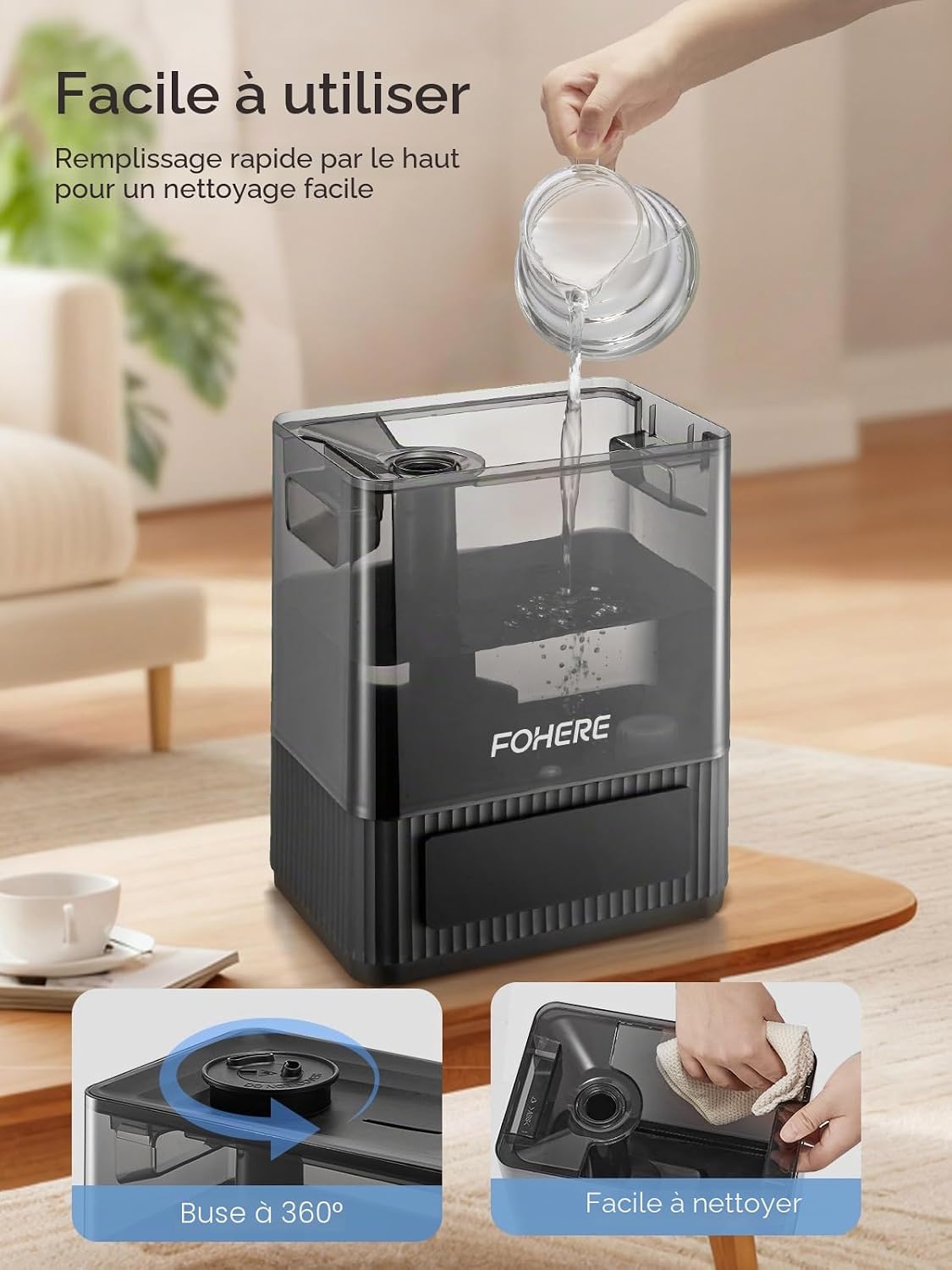  6L Humidificateur D'air Chambre à Brume Froide Silencieux, Autonomie 60H Et Minuterie 12H, Humidificateur Avec Capteur D'humidité Précis, Remplissage Par Le Haut Pour Grandes Pièces Et Salon, Noir