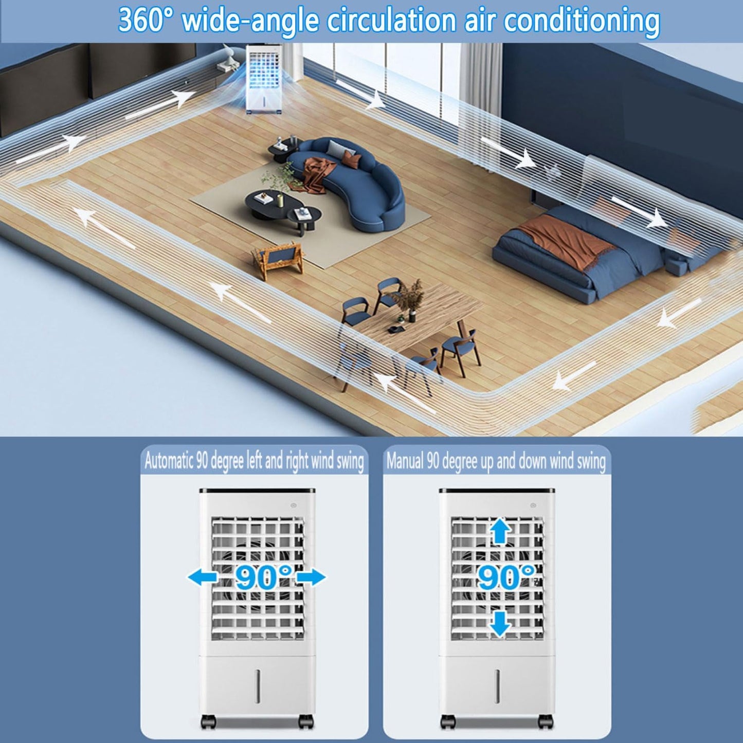 GENERIC Refroidisseur D'air évaporatif Réfrigérant à Air Portable Avec Réservoir 9LWater Et 4 Boîte à Glace 90°Vent De Refroidissement Par Oscillation Avec 3 Vitesses Portable AC Pour Chambre à Coucher Home B