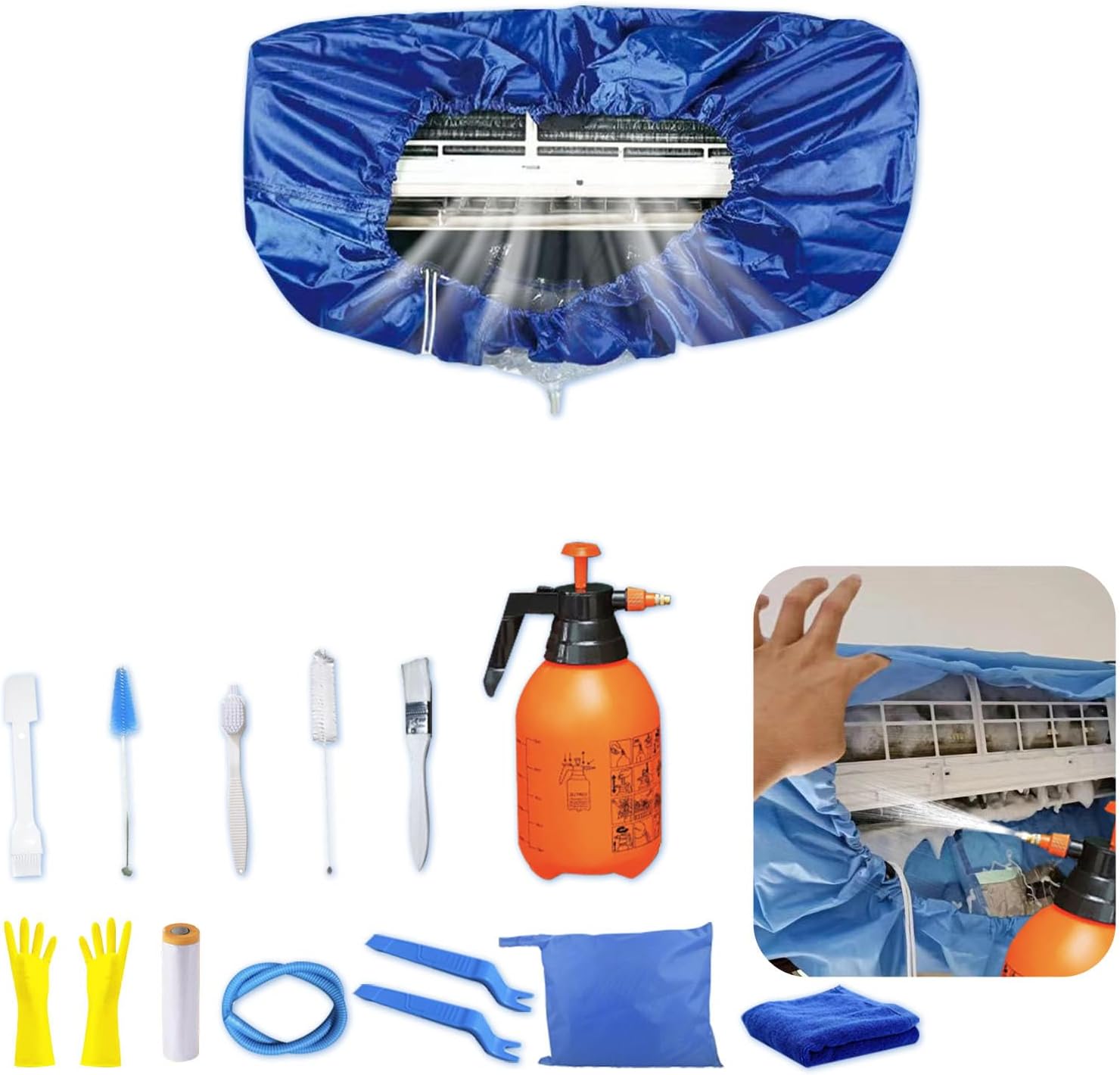  Kit Nettoyage Climatiseur Mural，Kit Nettoyage Climatisation Split，Nettoyage Climatisation Split，Bâche Nettoyage Clim(15 Pièces, Bleu Roi, Taille Moyenne : 68-98 Cm/27,55-39,37 Pouces)