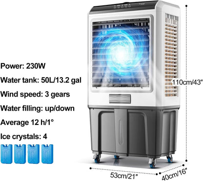  Refroidisseur D'air Par évaporation, Air Conditioner De 50 L, Minuterie 12 H, 3 Vitesses De Vent Pour Une Utilisation En Intérieur Et En Extérieur