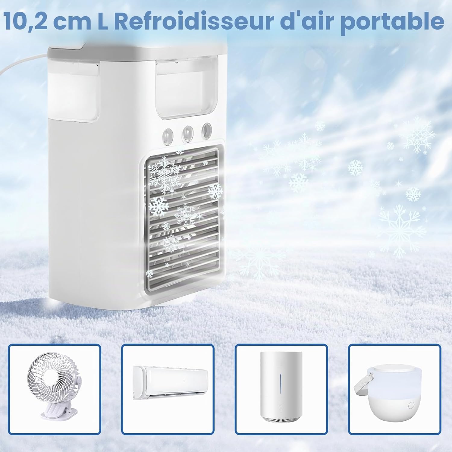  Climatisation Petit Climatiseur Mobile Portable Avec Batterie, Veilleuse 4 En 1 7 Couleurs, 3 Vitesses Et 3 Modes De Brouillard