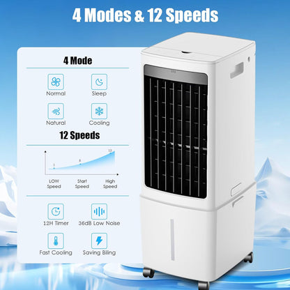  Climatiseur Portable, 12L, 3 IN 1 Ventilateur De Refroidisseur D'air évaporatif Avec écran à Distance Et LED, 3 Vitesses, 4 Modes, Réservoir, 2Ice Packs, 7.5H Minuterie Pour Le Bureau De Chambre à Dom