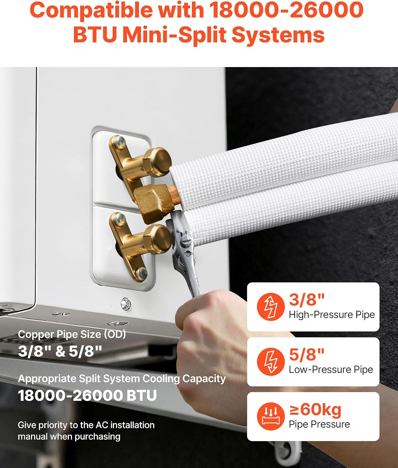  VEVOR Kit Liaison Frigorifique Tuyau En Cuivre Mini-split 9,5 Mm 15,9 Mm Diamètre Extérieur, 15,2 M Longueur, Bobine Isolée PE Blanc Épais 9,5 Mm Avec Écrous, Raccords, Pour Mini Climatiseurs Split