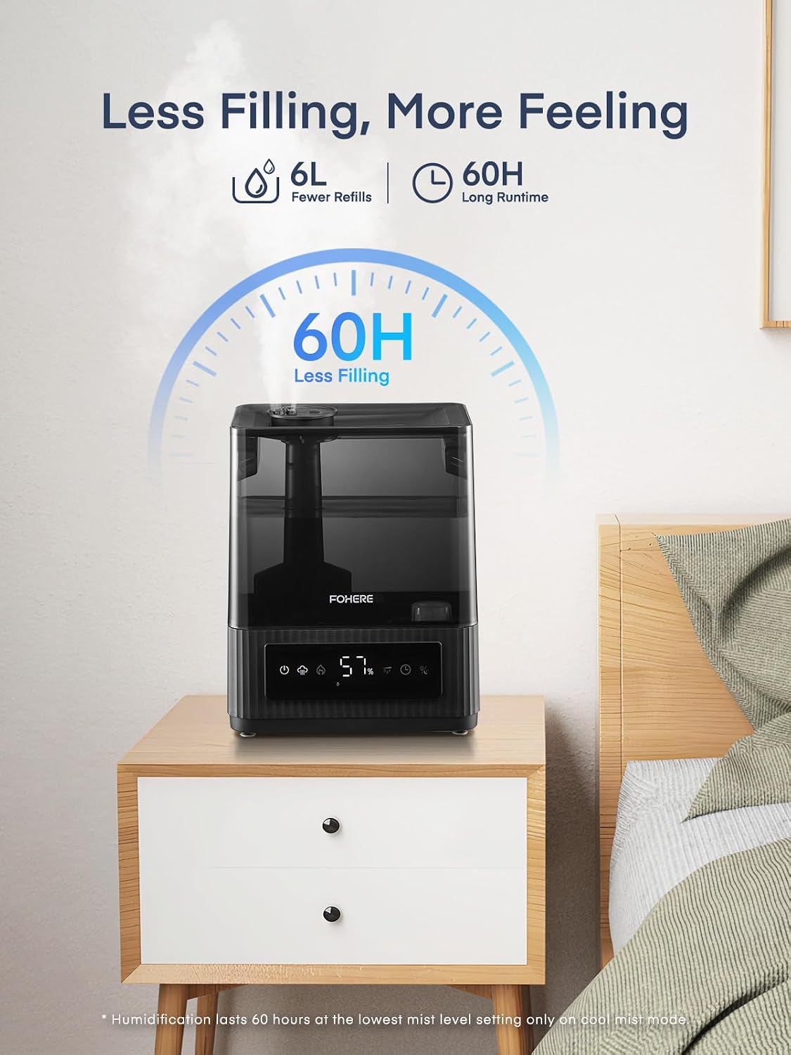  FOHERE 6L Humidificateur à Brume Froide Et Chaude De Pour La Maison, Humidificateur Ultrasonique Avec Remplissage Par Le Haut Pour Les Bébés, Les Enfants, Diffuseur D'huile, Mode Sommeil, Minuterie