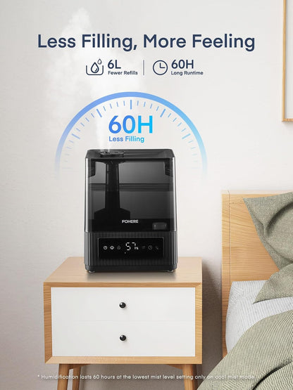  FOHERE 6L Humidificateur à Brume Froide Et Chaude De Pour La Maison, Humidificateur Ultrasonique Avec Remplissage Par Le Haut Pour Les Bébés, Les Enfants, Diffuseur D'huile, Mode Sommeil, Minuterie