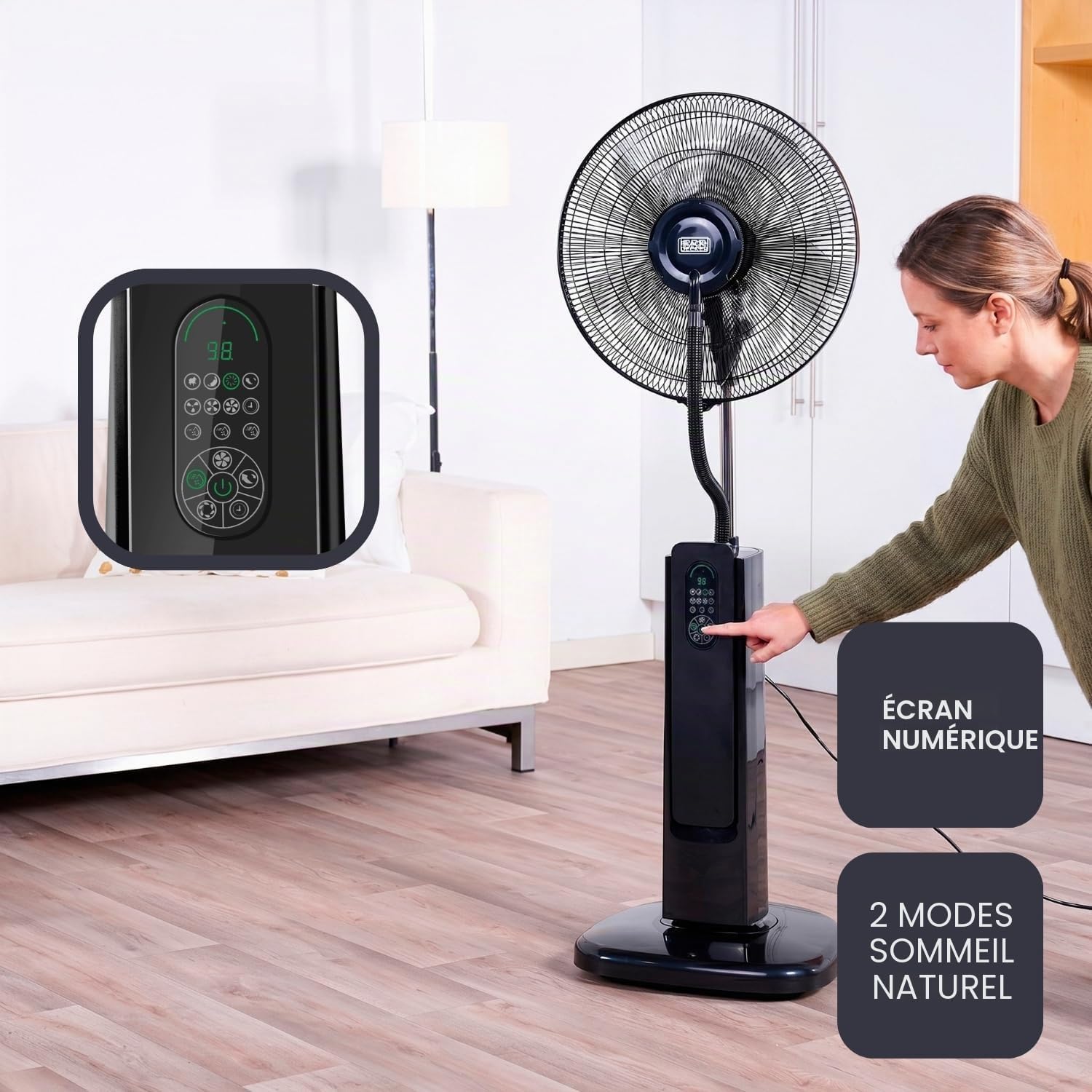 Black & Decker BLACK+DECKER - Ventilateur Sur Pied BXMF75E + 75W | 3 Vitesses | Écran Digital | Oscillant | Télécommande | Brumisateur
