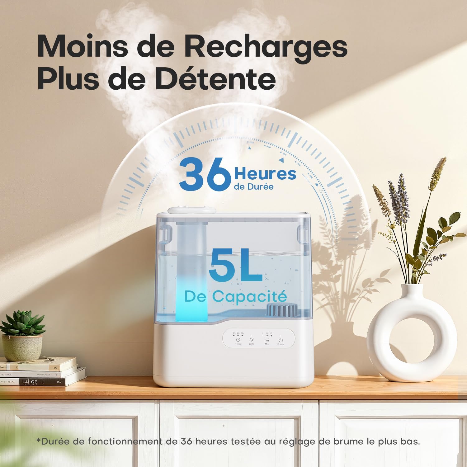  AROEVE Humidificateur D'Air Chambre 5L, Ultrasonique Top-Fill Brume Froide Avec Diffuseur Aromes, Lumière D'Ambiance 7 Couleurs, Minuterie, 36H/25dB Silencieux Pour Maison, Bureau, Bébé, Plantes