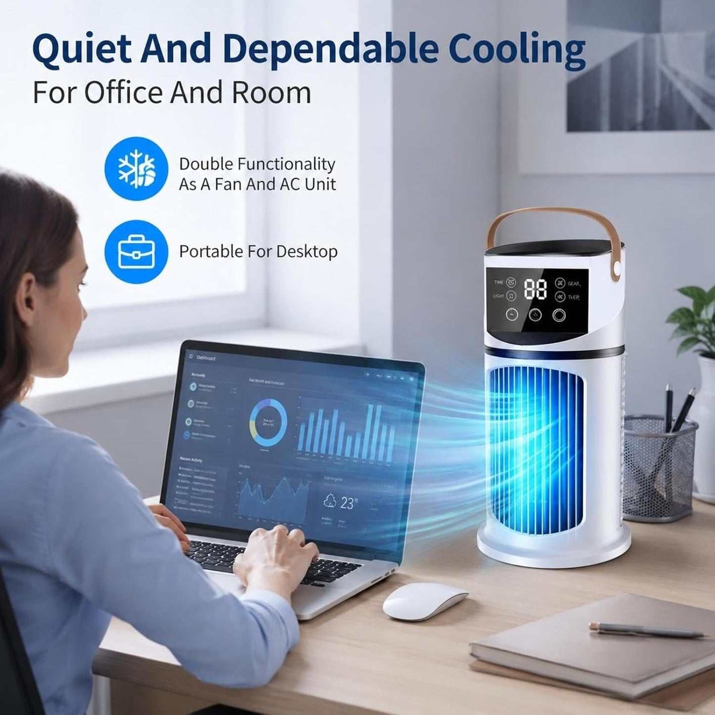  Climatiseurs Portatifs | 4 En 1 Climatiseur Portable | Ventilateur De Bureau Silencieux Rafraîchisseur D'Air | Rechargeable Par USB, Pour La Chambre, Le Bureau, La Maison
